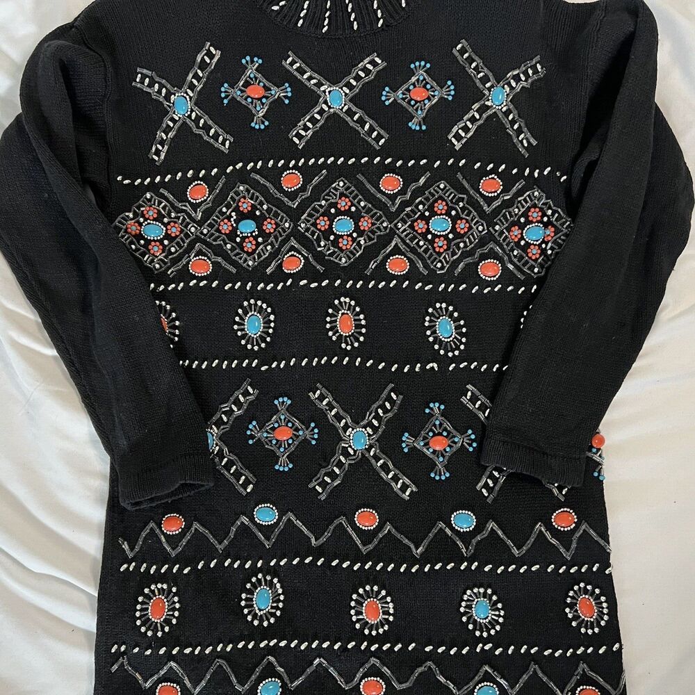 Victoria Jones Southwestern Beaded Sweater Dress Black Long Sleeve Small
